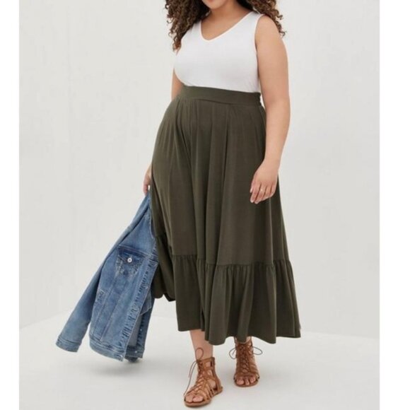 Torrid Olive Green Jersey Tiered Maxi Skirt | Plus Size 3X - Picture 1 of 16